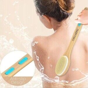 Long Handle Back Scrubber and Body Exfoliator Wood Dual Sided NWT